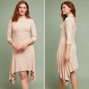 Anthropologie Ribbed Knit Midi Dress Light Pink Asymmetrical Mock NWT Medium